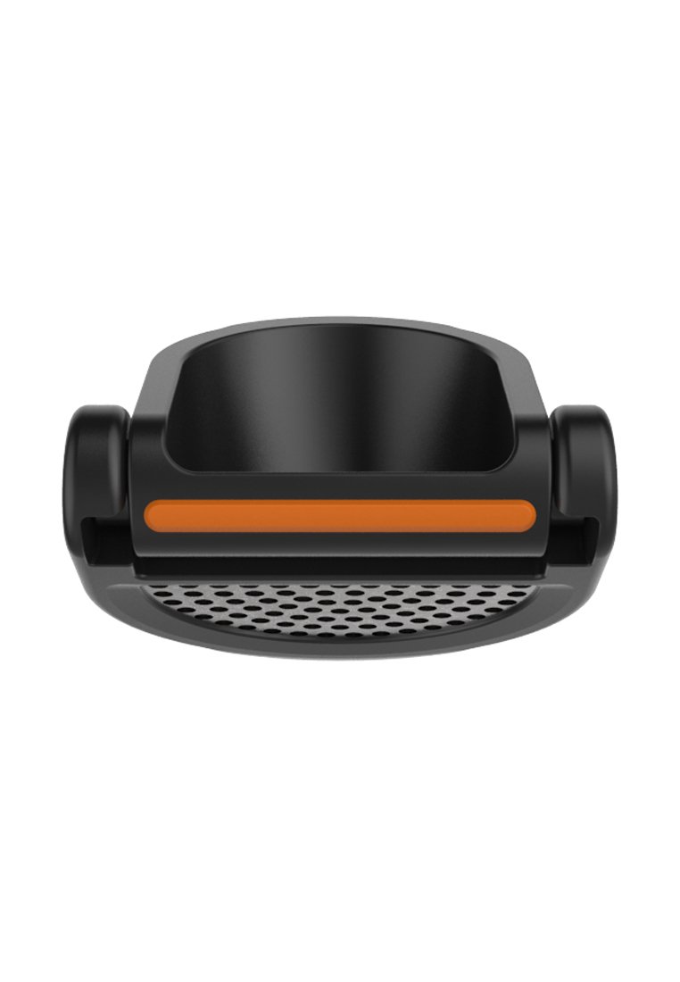 Schwarzes Küchenutensil mit einer runden Schalenform, das über eine durchlöcherte Basis und einen orangefarbenen Akzentstreifen für besseren Halt verfügt.