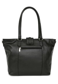 Mustat nahkainen käsilaukku, jossa on kaksi pitkää kahvaa, etupuolella vetoketjullinen tasku ja sileä pinta. Yksinkertainen muotoilu, jossa on kontrastivärinen ompelu.