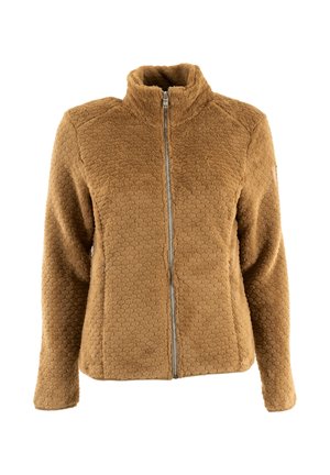 Chaqueta de forro polar marrón con un patrón texturizado en forma de panal, cuello alto y cremallera frontal completa. Mangas largas con puños redondeados.