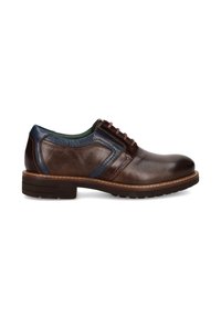 Chaussure en cuir marron avec des accents bleus, design à lacets, bout arrondi, panneaux texturés et semelle intérieure rembourrée. Semelle en caoutchouc épaisse pour plus de durabilité.