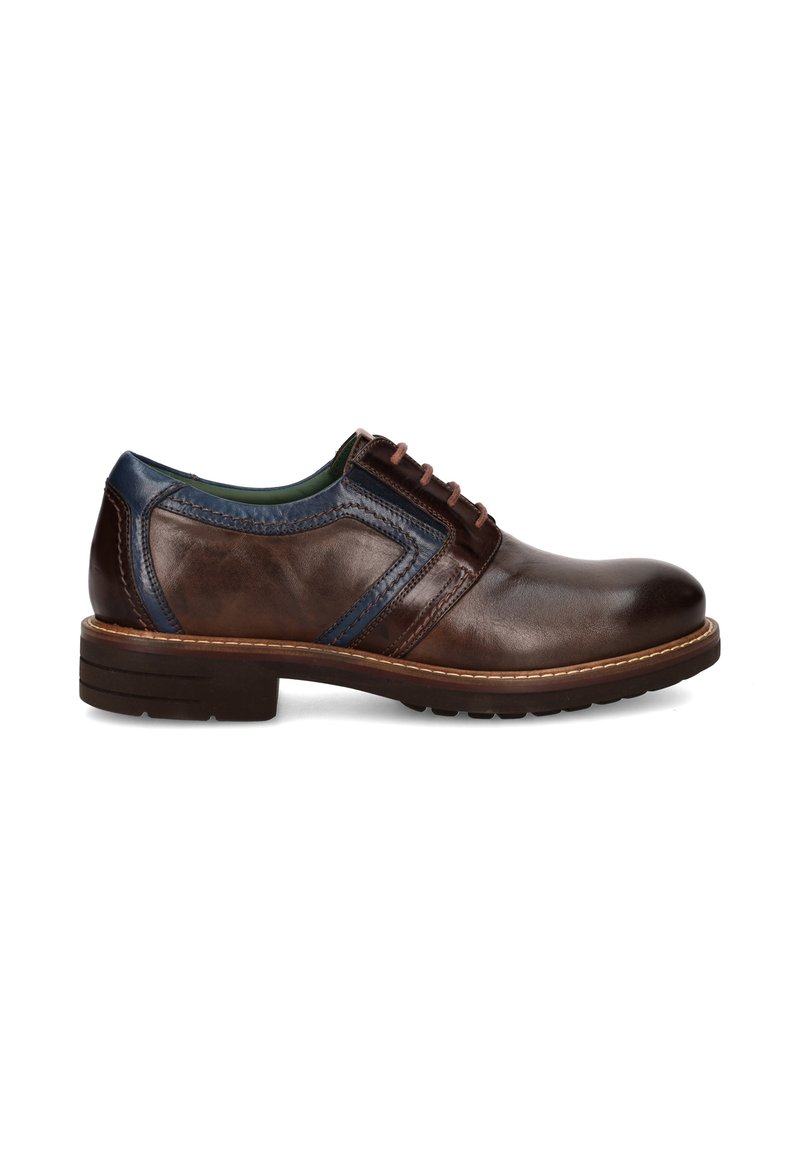 Chaussure en cuir marron avec des accents bleus, design à lacets, bout arrondi, panneaux texturés et semelle intérieure rembourrée. Semelle en caoutchouc épaisse pour plus de durabilité.
