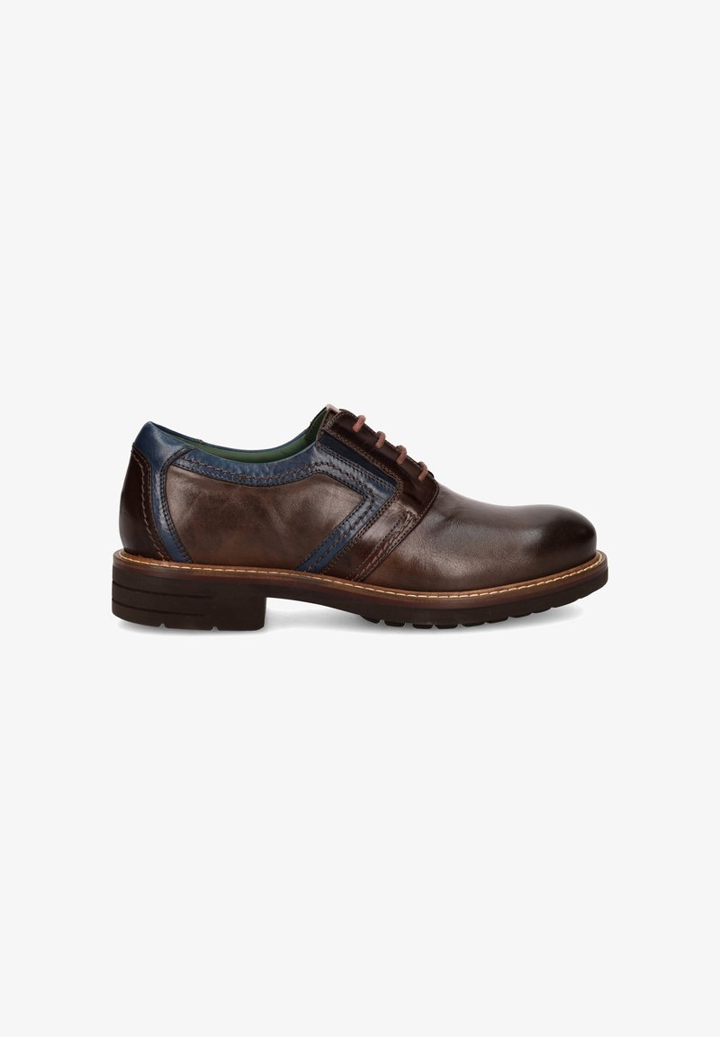 Chaussure en cuir marron avec des accents bleus, design à lacets, bout arrondi, panneaux texturés et semelle intérieure rembourrée. Semelle en caoutchouc épaisse pour plus de durabilité.