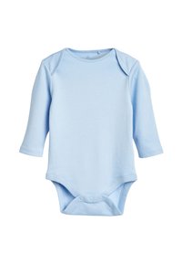 Långärmad baby bodysuit i ljusblå bomull med rundad halsringning, tryckknappsstängning i botten och slät yta. Enkelt design, inga mönster.