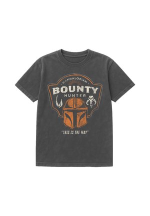 Dark gray t-shirt featuring an orange Mandalorian helmet, the words "Bounty Hunter" and "This is the way" in white.
