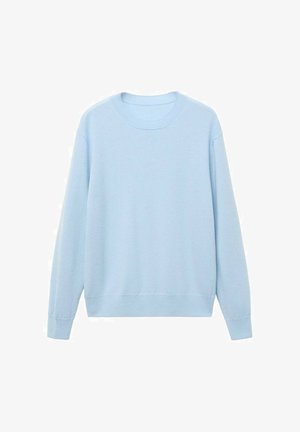 Light blue sweater made of soft fabric, featuring a round neck, long sleeves, and ribbed cuffs and hem. Smooth texture, casual design.