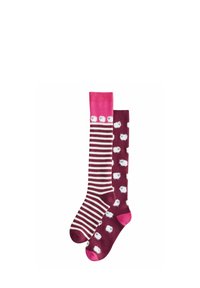 Två par knästrumpor: ett i mörkröd med vita fårmönster, det andra i rosa och grå randigt med en enfärgad rosa topp. Mjukt stickat material.