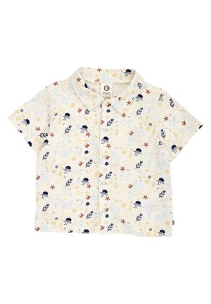 Koszula dla dzieci z krótkim rękawem i kołnierzykiem, zapinana na guziki, z kolorowymi morskimi stworzeniami, rozgwiazdami i koralowymi wzorami na białym tle.