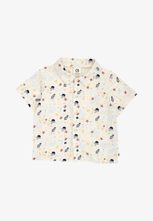 Kortærmet børneskjorte med knapper og krave, med farverige havdyr, søstjerner og koralmønstre på en hvid baggrund.