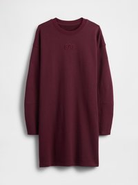 Bordový štýlový sweatshir šaty s dlhými rukávmi, okrúhlym výstrihom a vyšitým logom "GAP" na hrudi. Mäkká tkanina, voľný strih.