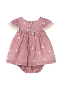 Abito di cotone rosa con maniche corte, ricami floreali bianchi e bordino in pizzo, con schiena con bottoni e pantaloni attaccati.