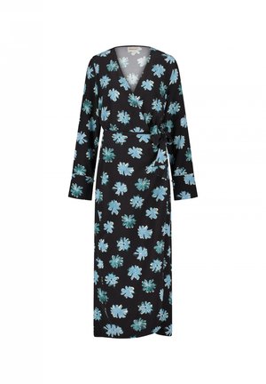 Black wrap dress featuring long sleeves and a floral pattern in light blue and green. Tied at the waist, offering a flowy silhouette.