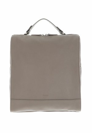 Sac en cuir gris avec une texture lisse, forme carrée, anse supérieure et un branding subtil en bas. Doté d'une fermeture éclair.
