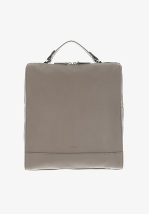 Sac en cuir gris avec une texture lisse, forme carrée, anse supérieure et un branding subtil en bas. Doté d'une fermeture éclair.