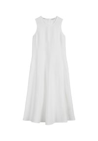 White sleeveless dress made of lightweight fabric, featuring a round neckline and flowing A-line silhouette with a knee-length hem.