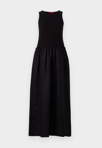 Robe maxi noire avec un haut ajusté sans manches, taille froncée et jupe fluide en tissu léger. Design simple et polyvalent.