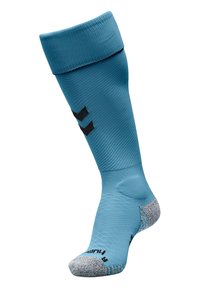 Skarpetki do kolan w jasnoniebieskim kolorze z teksturowanym wzorem, z czarnym logo oraz wzmocnionymi szarymi palcami i piętami.
