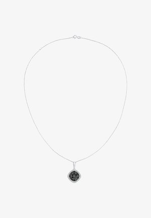 Sølv halskæde med en diamantformet vedhæng. Vedhænget har et sort blomsterdesign omkranset af små klare sten.