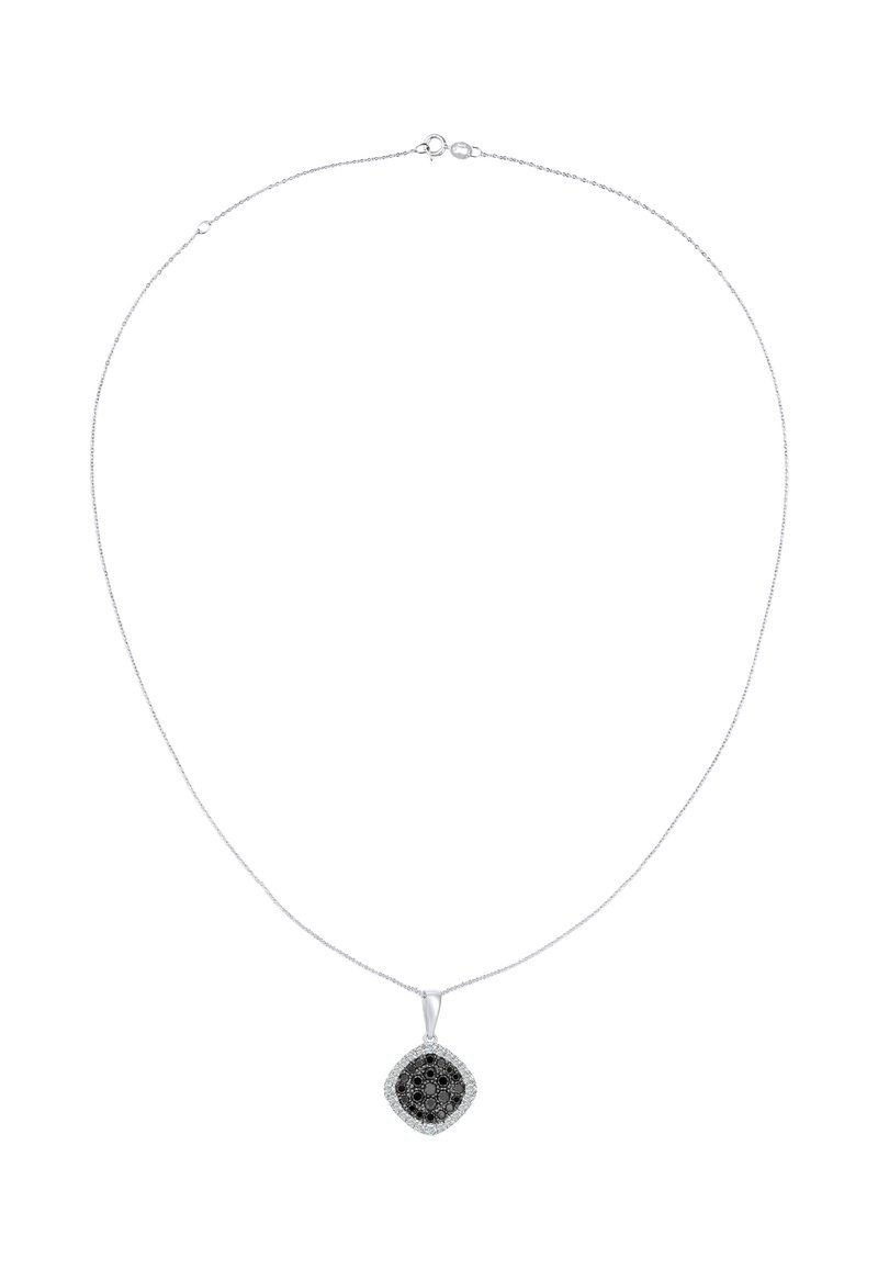 Collar de plata con un colgante en forma de diamante. El colgante presenta un diseño floral negro rodeado de pequeñas piedras claras.