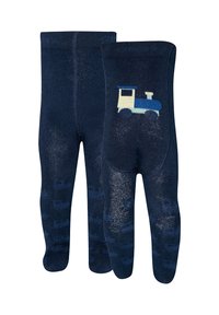 Navyblaue Strumpfhosen mit einem hellblauen und weißen Cartoon-Traktor-Motiv auf der Vorderseite, mit strukturiertem Finish und elastischem Bund.
