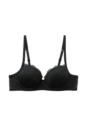 Reggiseno nero in pizzo con coppe imbottite, delicati bordi smerlati e spalline regolabili. Presenta un motivo floreale e chiusura con gancetto sul retro.