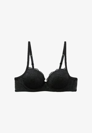 Černá krajková podprsenka s vycpávanými košíčky, jemnými vroubkovanými okraji a nastavitelnými ramínky. Má květinový vzor a zapínání na háček a očko vzadu.