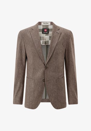 Brauner, strukturierten Blazer mit zwei vorderen Taschen, Knopfverschluss und grünem gemustertem Futter. Maßgeschneiderte Passform mit scharfen Revers.