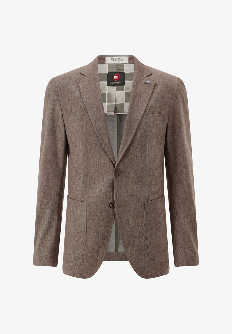 Brown textured blazer with two front pockets, single button closure, and green patterned lining. Tailored fit with sharp lapels.
