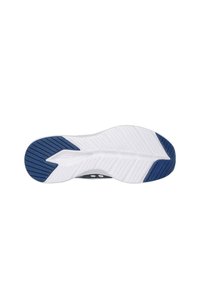 Suela de zapato con base blanca, acentos de caucho azul y un patrón de relieve para mayor agarre. Presenta contornos para flexibilidad y estabilidad.