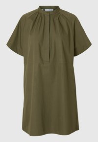 Khaki zelené šaty s krátkými rukávy, kulatým výstřihem, zapínáním na knoflík a detailem na nařasení. Vyrobené z lehké, hladké látky.