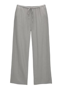 Pantalons larges gris clair en tissu doux, avec une taille élastique et un cordon de serrage, sans motifs ni accents visibles.