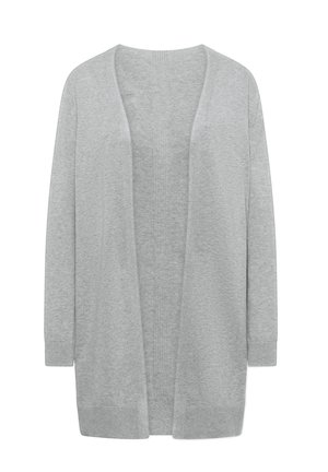Cardigan grigio chiaro a maglia con apertura frontale, maniche lunghe e polsini e orlo a coste.