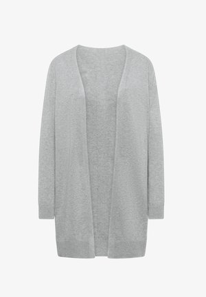 Jasnoszary, otwarty sweter na drutach z długimi rękawami oraz ściągaczami na mankietach i u dołu.