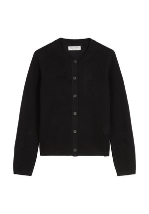 Schwarze Strickjacke mit rundem Ausschnitt, langen Ärmeln und sechs Knopfverschlüssen an der Vorderseite. Strukturiertes Gewebe mit gerippten Details.