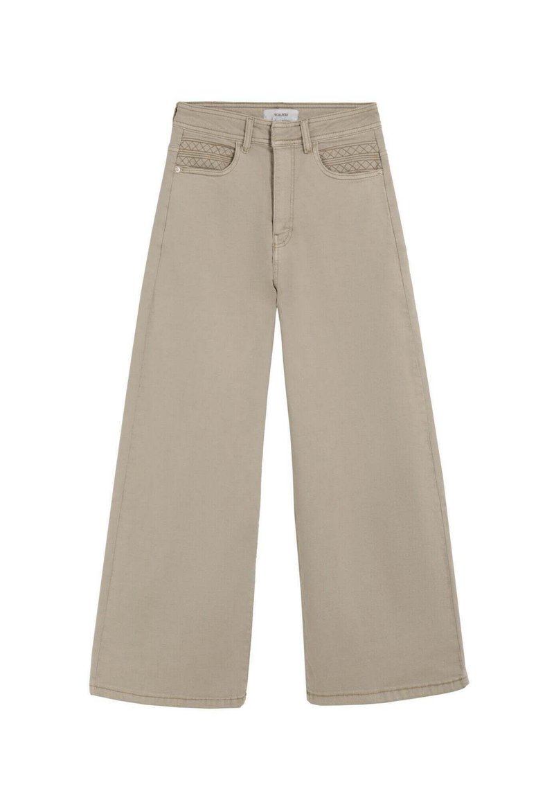 Vaqueros de pierna ancha en color beige con un corte de talle alto, que presentan un bordado sutil en los bolsillos delanteros y una tela suave y texturizada.