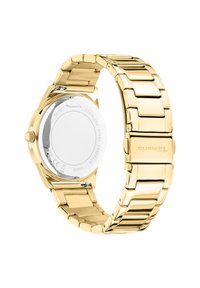 Golduhr aus Edelstahl mit einem Gliederarmband und minimalistischer Gehäusegestaltung. Verfügt über eine polierte Oberfläche und eine runde, glatte Lünette.