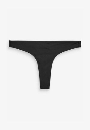 Čierne tangá vyrobené z hladkého materiálu, s minimalistickým dizajnom a tenkými stranami, bezšvovým spracovaním. Žiadne viditeľné vzory ani akcenty.