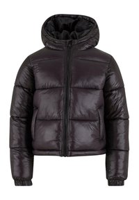 Giacca a vento nera con cappuccio, design trapuntato, chiusura con zip e polsini elasticizzati. Realizzata in materiale lucido e liscio, offre un aspetto imbottito.