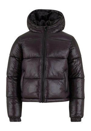 Giacca a vento nera con cappuccio, design trapuntato, chiusura con zip e polsini elasticizzati. Realizzata in materiale lucido e liscio, offre un aspetto imbottito.