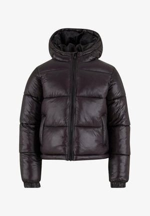 Schwarze Pufferjacke mit Kapuze, gestepptem Design, Reißverschluss und elastischen Bündchen. Hergestellt aus glänzendem, glattem Material, das ein gepolstertes Aussehen bietet.
