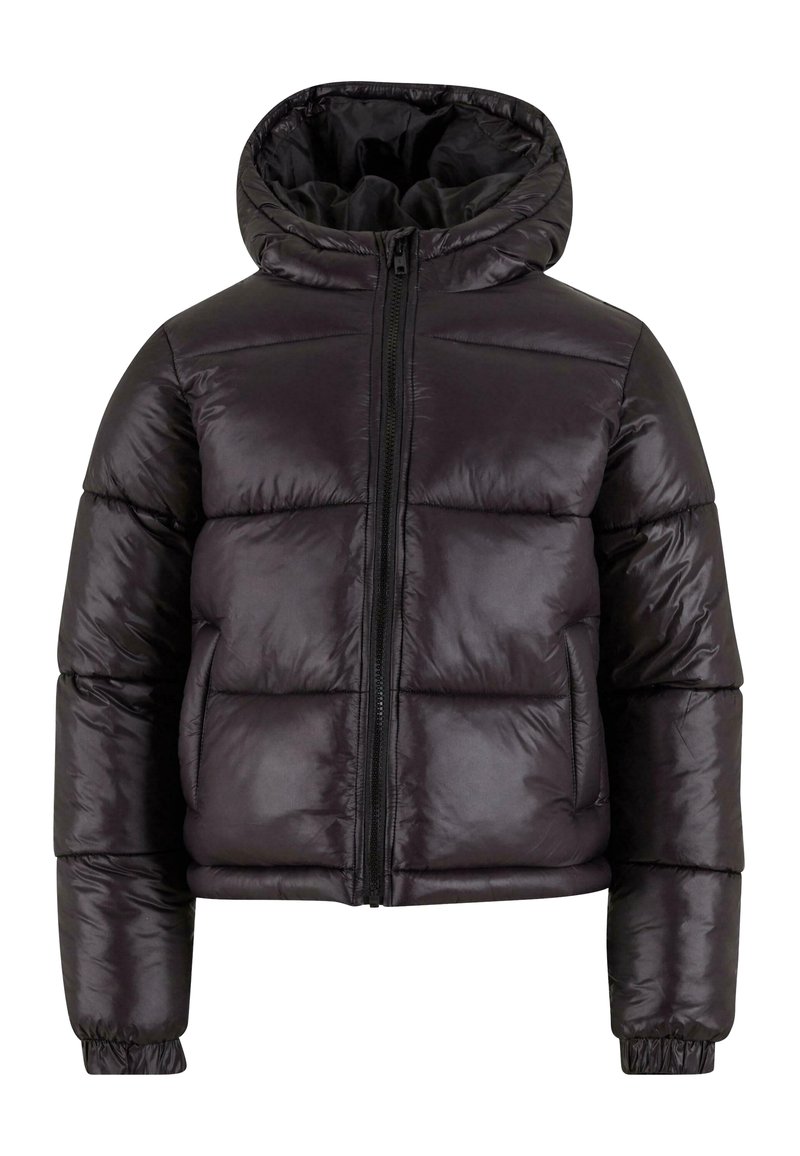 Giacca a vento nera con cappuccio, design trapuntato, chiusura con zip e polsini elasticizzati. Realizzata in materiale lucido e liscio, offre un aspetto imbottito.
