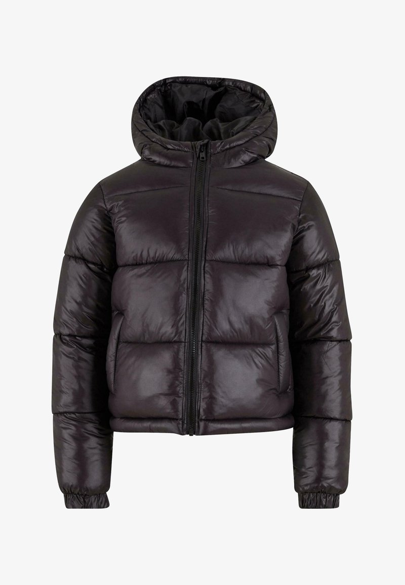 Juodas pūkų striukė su gobtuvu, siuvinėta struktūra, užtrauktuko uždarymas ir elastingi rankogaliai. Pagaminta iš blizgaus, lygio medžiagos, suteikiančios užpildytą išvaizdą.