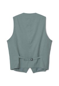 Hellblau-graue Weste mit einem klaren Design, das ein kreisförmiges Schnallendetail auf der Rückseite und einen geraden Saum aufweist. Ohne Ärmel.