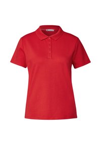 Polo rouge en coton, doté d'un col classique, de manches courtes et d'une patte de boutonnage à quatre boutons. Texture lisse, sans motifs ni accents.