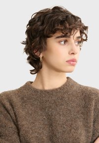 Maglione marrone con texture, colletto a giro e maniche corte, caratterizzato da una finitura morbida e pelosa. Variazioni di colore sottili aumentano la profondità.