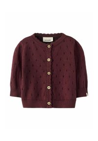 Bordinės spalvos megztas kardiganas trumpomis rankovėmis, su kriauklės formos iškirpte ir sagomis priekyje. Puošia deimanto raštas ir medinės sagos.