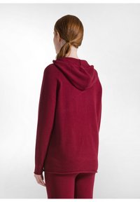 Hanorac burgund cu glugă, dintr-un material moale, cu mâneci lungi și o croială lejeră, văzut din spate, cu o textură netedă și un design simplu.