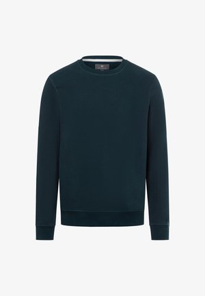 Dunkeltürkler Sweatshirt mit langen Ärmeln, Rundhalsausschnitt sowie gerippten Bündchen und Saum. Glatte Textur mit minimalen Nahtdetails.