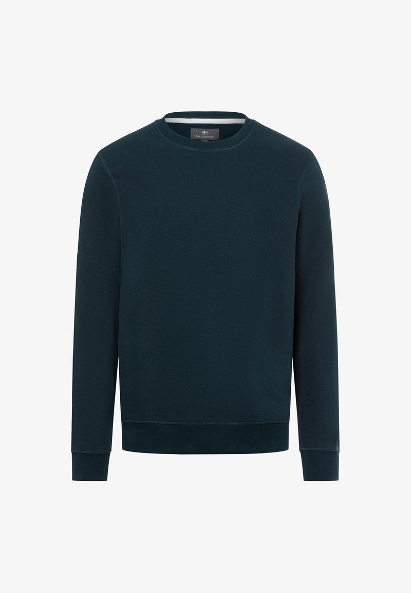 Sweatshirt bleu sarcelle foncé à manches longues, col rond et poignets et ourlet côtelés. Texture lisse avec des détails de couture minimalistes.