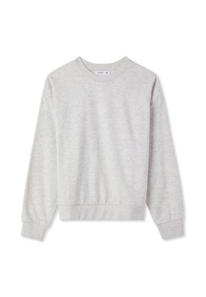 Felpa grigia realizzata in tessuto morbido, con scollo rotondo, maniche lunghe e orlo a coste. Design minimale senza motivi o dettagli visibili.