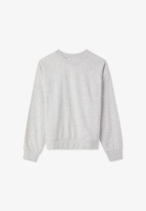 Felpa grigia realizzata in tessuto morbido, con scollo rotondo, maniche lunghe e orlo a coste. Design minimale senza motivi o dettagli visibili.